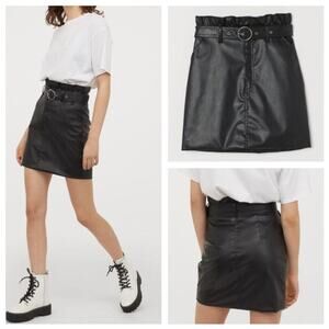 H&M Moto Faux Vegan Black Leather Belted Mini Skirt 8 Medium NWT